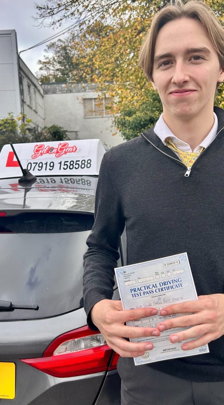 An image of a student holding his driving test pass certificate
