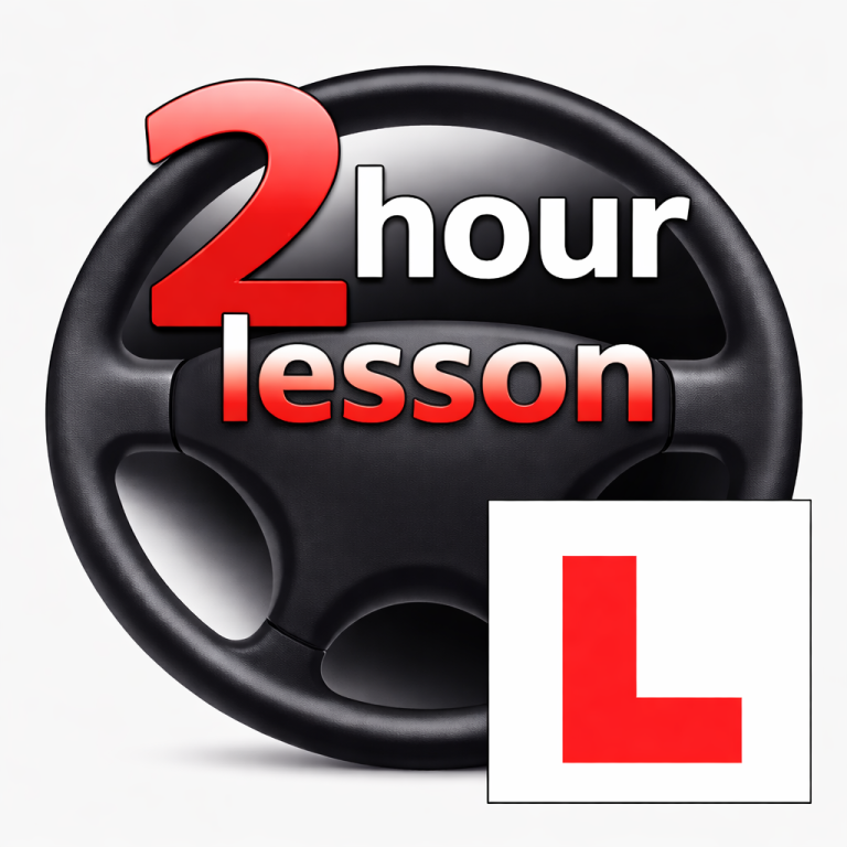 An image of a steering wheel, with an L plate in the bottom right corner, and the text '2 hour lesson'.