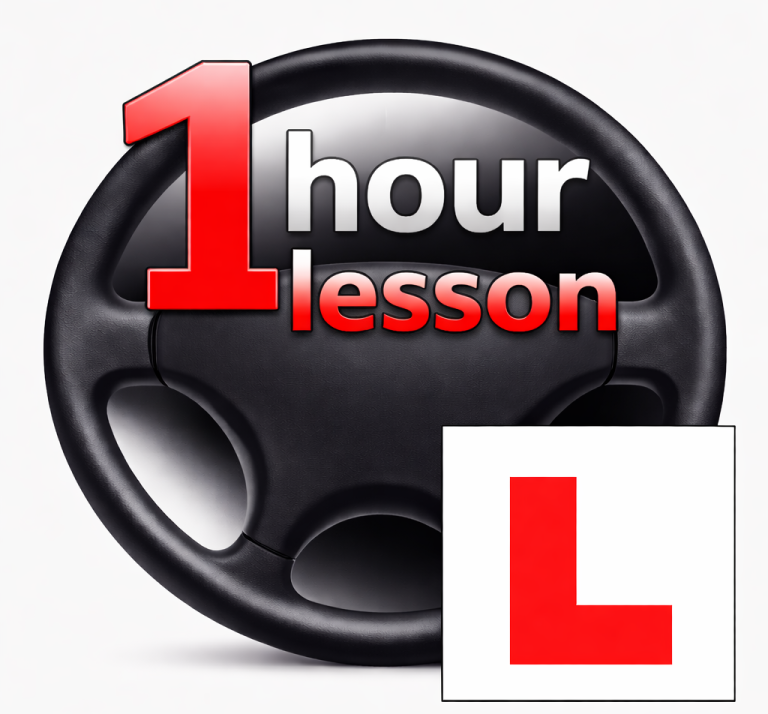 An image of a steering wheel, with an L plate in the bottom right corner, and the text '1 hour lesson'.