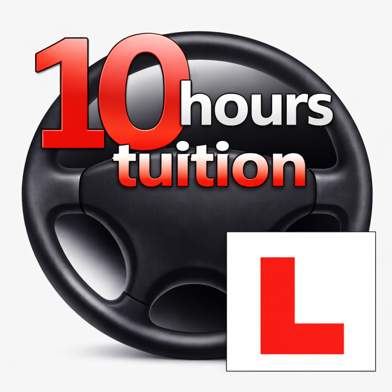 An image of a steering wheel, with an L plate in the bottom right corner, and the text '10 hours tuition'.